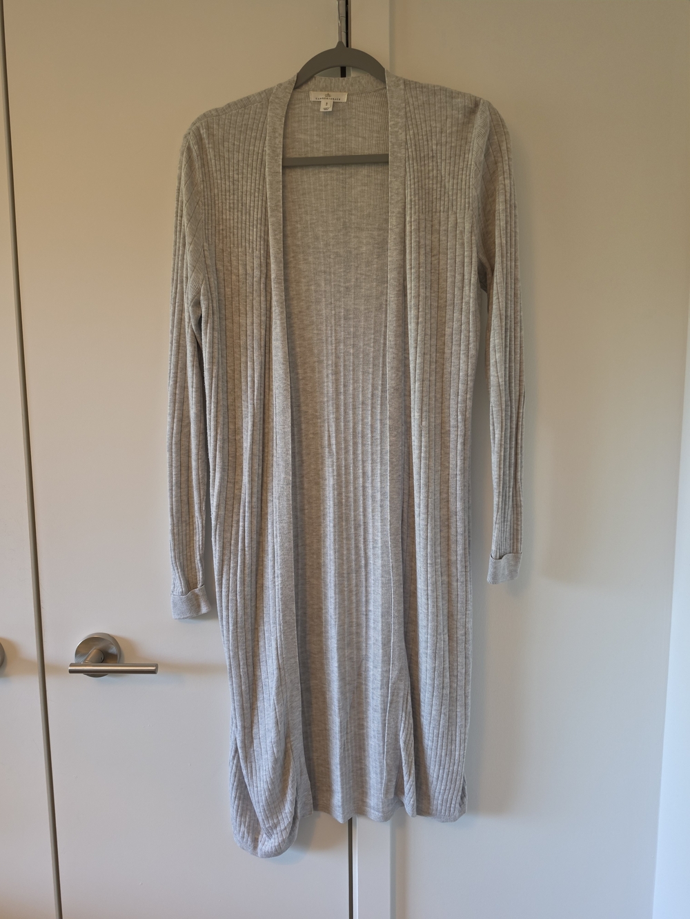 Light Gray Ribbed Open-Front Long Cardigan
